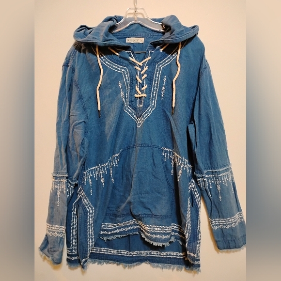Blank NYC Tops - Blue Hooded Lace-Up Top BLANKNYC (R) WOMEN'S XL Embroidery Corded Pocket Cotton